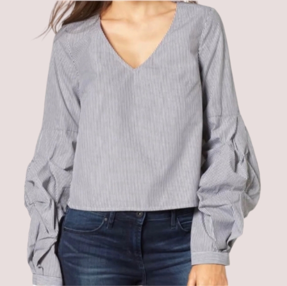 BP Nordstrom Ruched Balloon Sleeve Pinstripe Top Dark Grey & White Blouse S - Picture 1 of 5